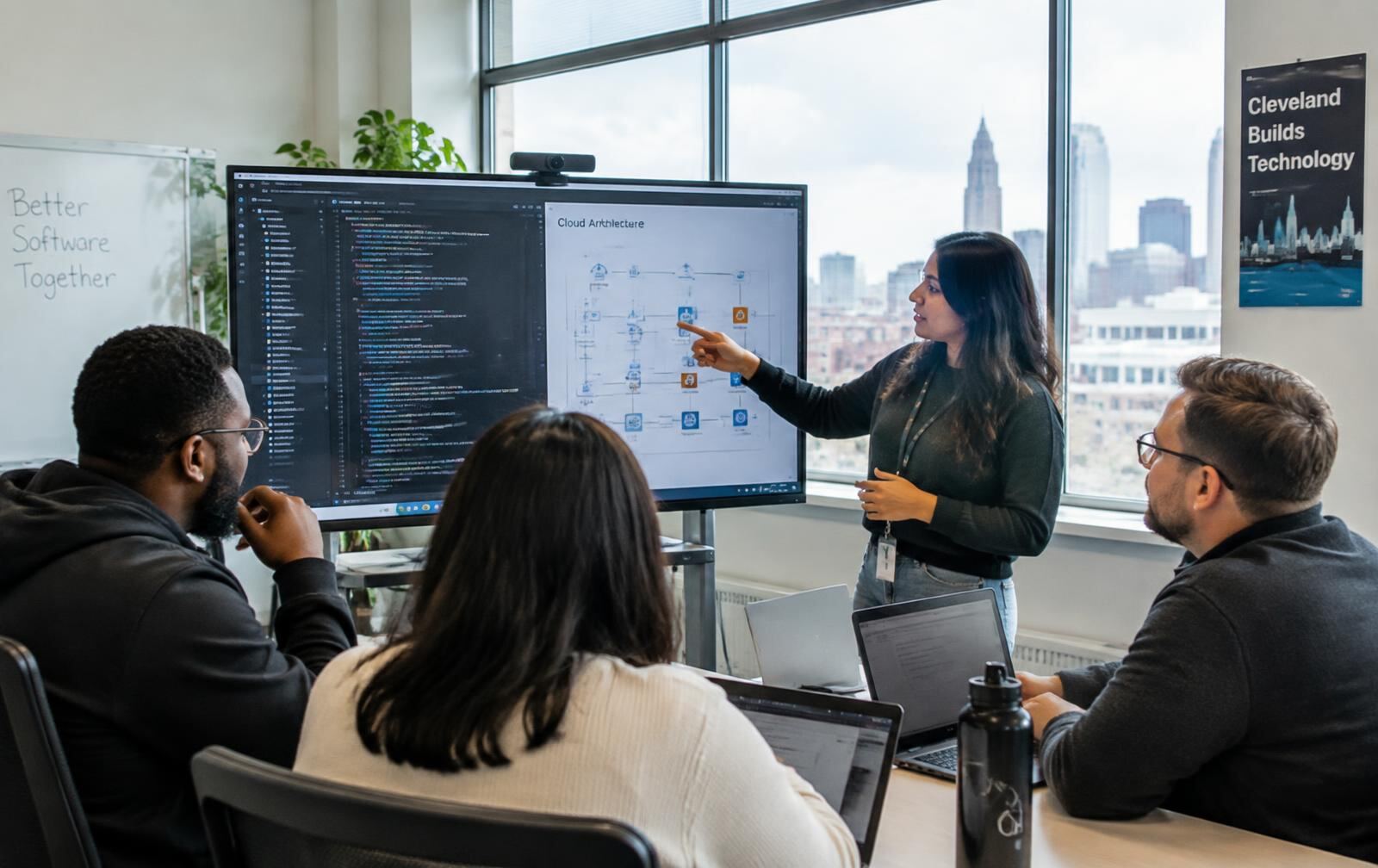 Cashapona team reviewing a cloud architecture diagram in a Cleveland office